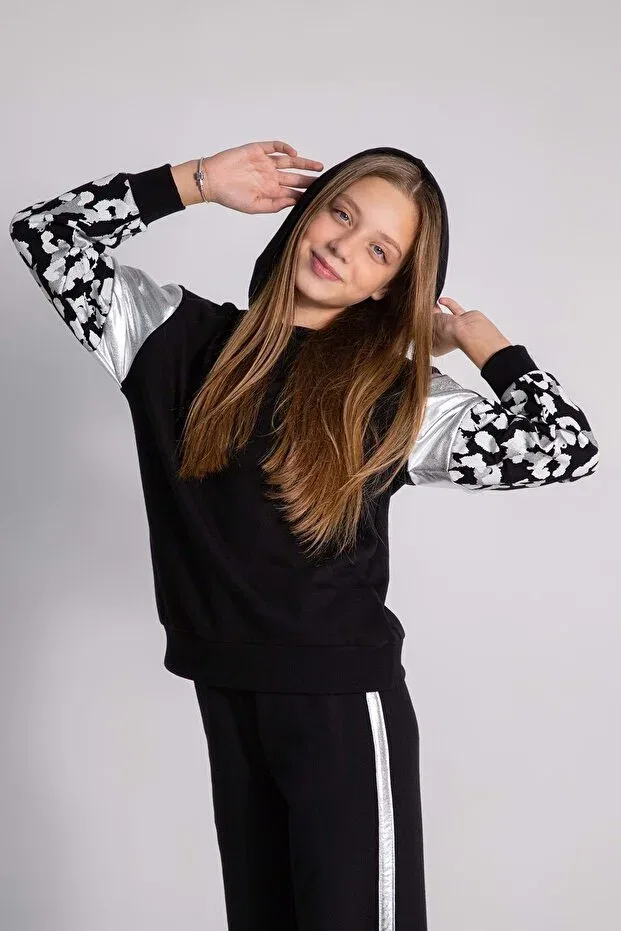 Детский спортивный комплект для девочек с принтом Leopard printed leaf printed hooded Waka Waka, Black — фото 3