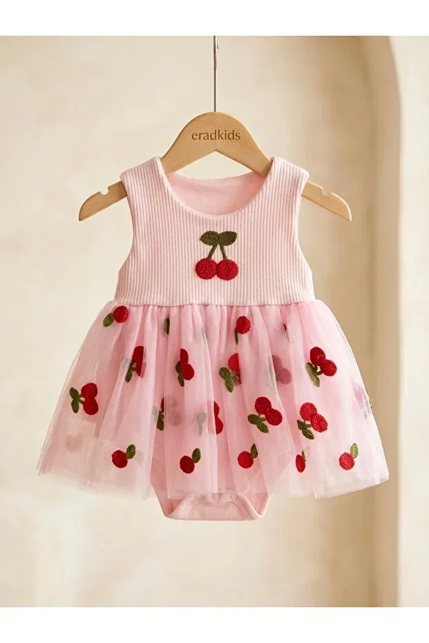 Детское платье для девочек с вышивкой Organic Cotton Cherry Embroidered Tulle Detailed Premium Baby Girl Bodysuit Dress Eradkids, Pink — фото 3