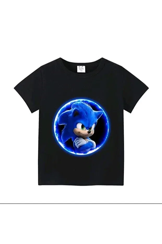Детская хлопковое футболка с принтом Style-X Sonic Printed Bicycle Neck Children's T-Shirt Magors, Black-5
