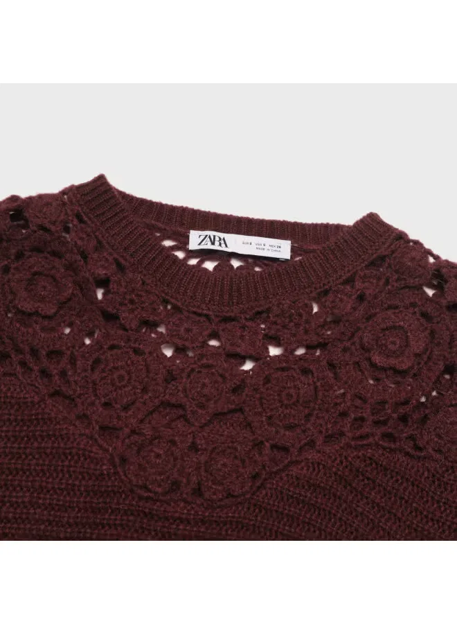 Пуловер с ажурным узором, круглым вырезом Zara, темно-красный — фото 4