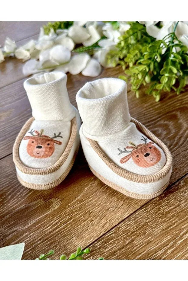Детские пинетки для новорожденных с принтом Newborn baby booties deer Renkli Puset, Ecru — фото 2