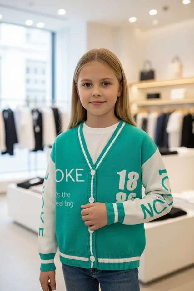 Детский кардиган для девочек с принтом Written Letter Girl, Minimoda Kids, Mint