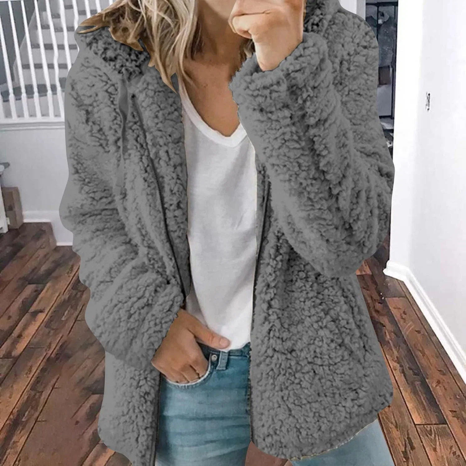 Женская теплая куртка с капюшоном Teddy Jacket, Grigio Scuro — фото 2
