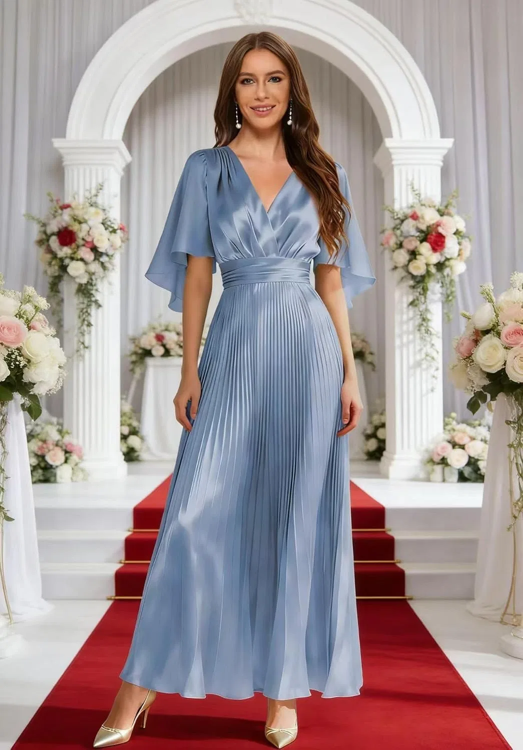 Женское длинное платье с воротником V и воланами Satin, Black — фото 3