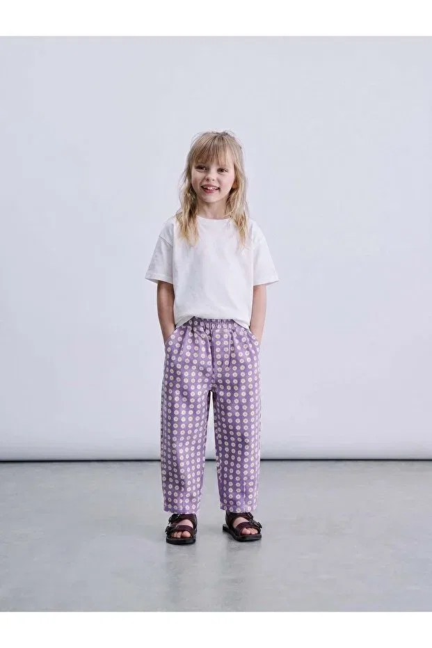 Детские брюки для девочек с принтом Cotton Purple Daisy Patterned Elasticated Magu, Пурпурный — фото 2