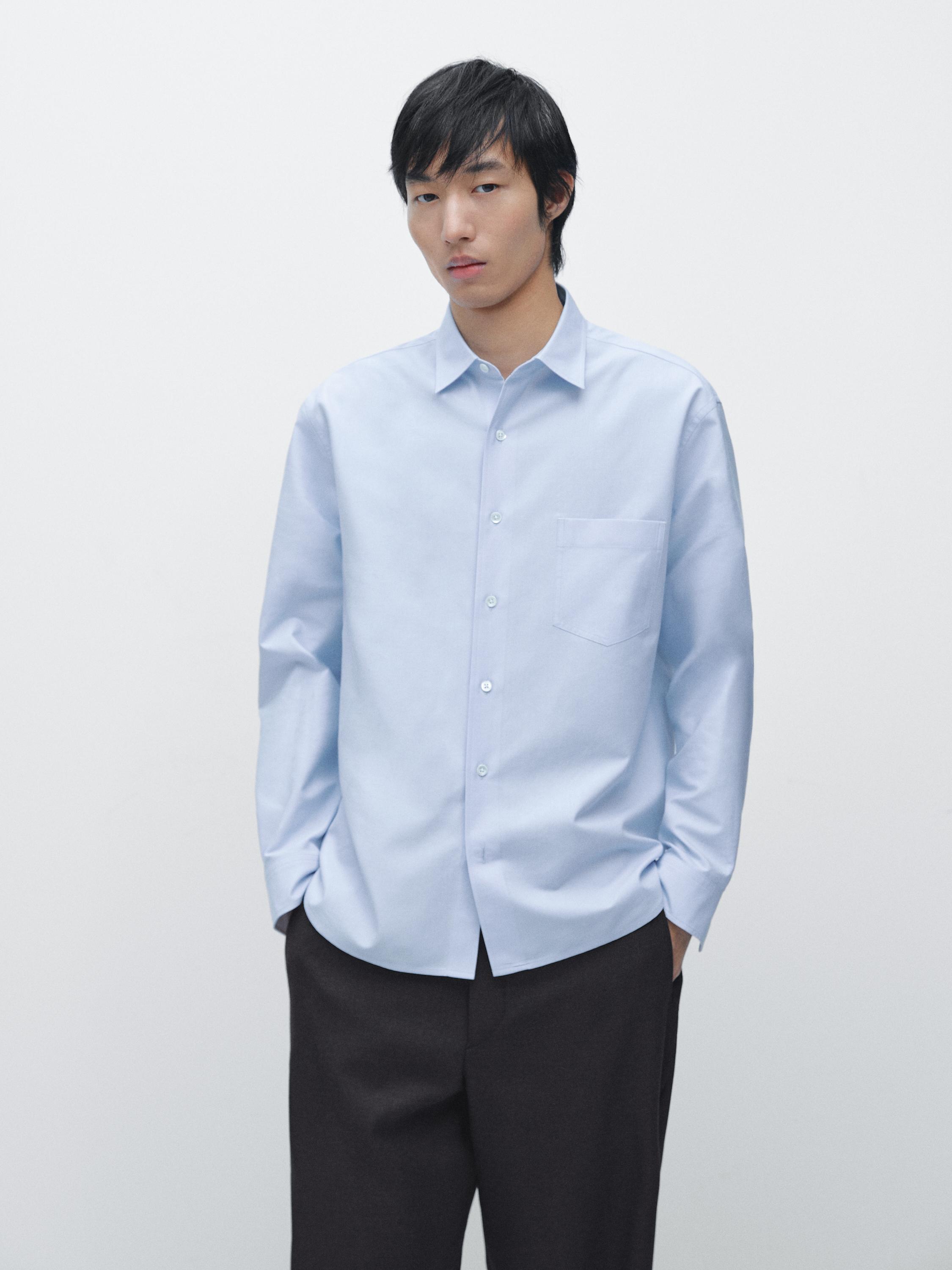Рубашка Massimo Dutti Cotton Blend With Pocket Detail, голубой — фото 4