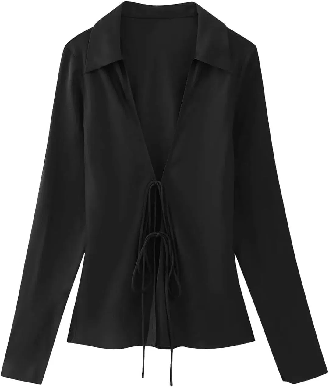 Женская атласная рубашка с длинным рукавом, модель Bowknot Lace Up Slim V Neck, чёрный