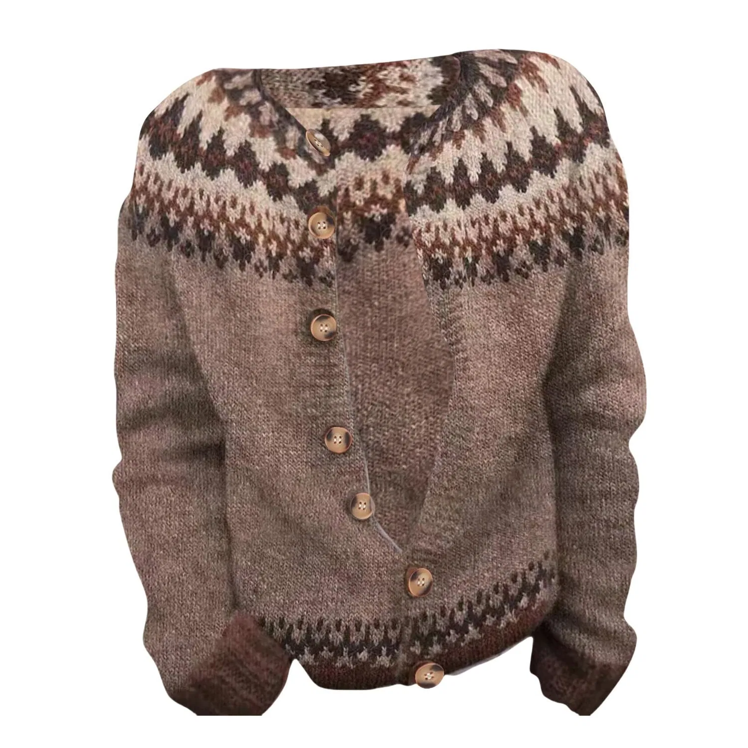 Женский кардиган с нордическим узором Fair Isle с длинным рукавом, Coffee-f — фото 3