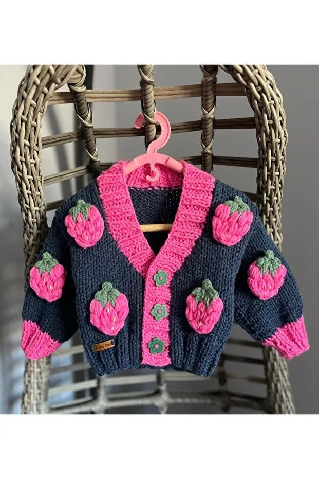 Детский кардиган для девочек с принтом Strawberry Detailed El Örgüsü, Navy Blue