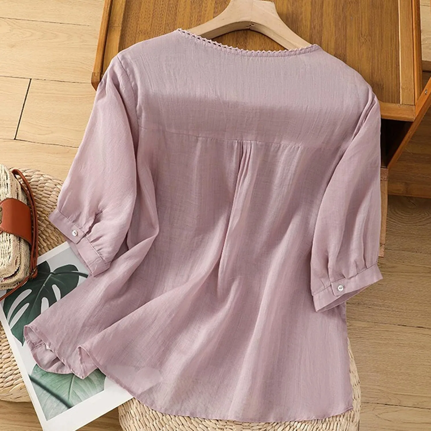 Женская туника с вышивкой и коротким рукавом, модель Vintage Dressy, фиолетовый — фото 3
