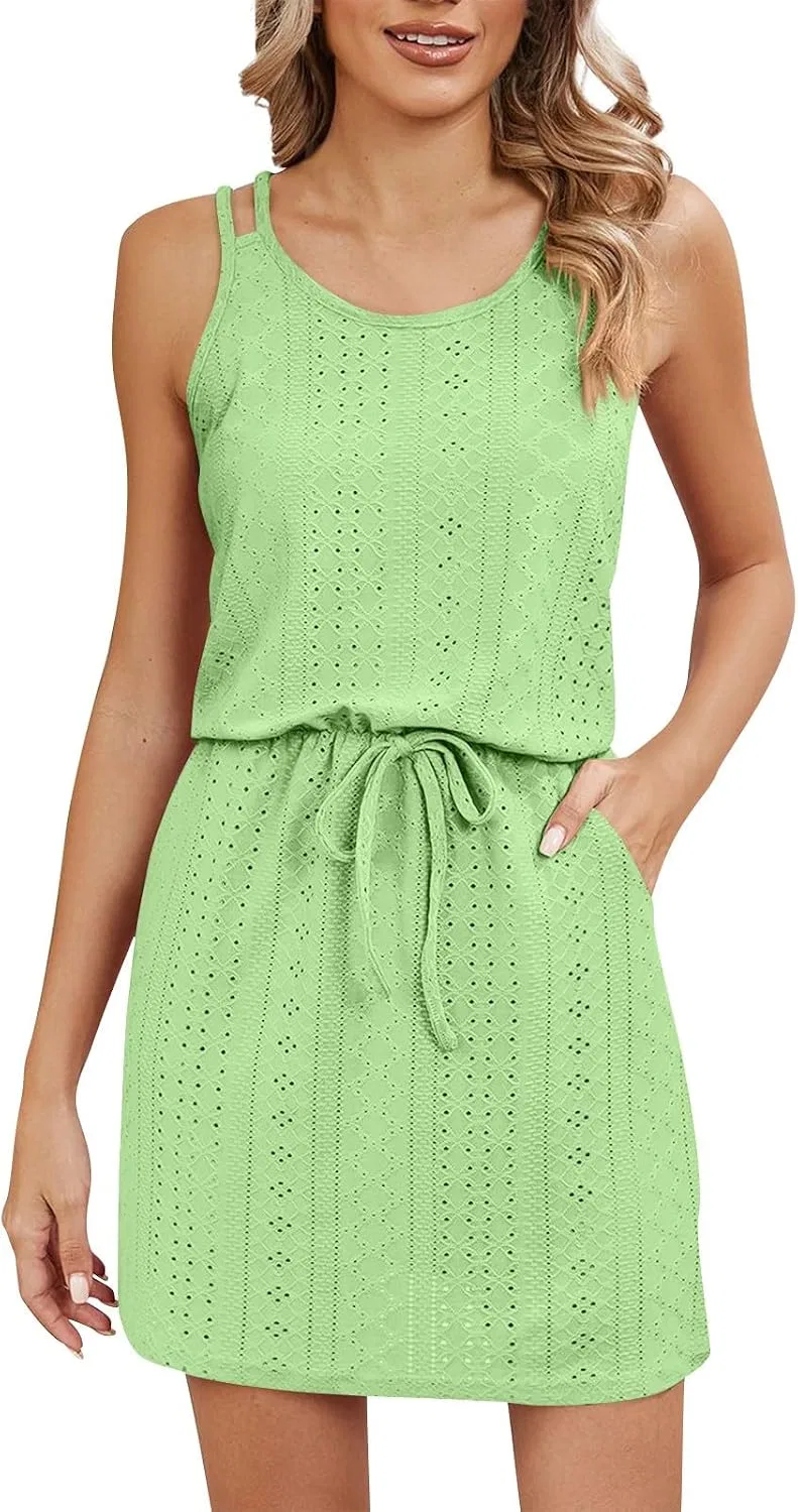 Женское пляжное платье-кроп на бретельках Eyelet Hollow Out, A009-light Green