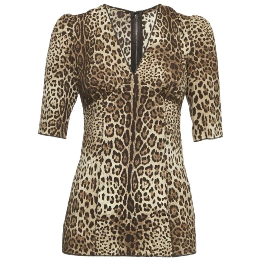 Женская блуза с принтом Dolce & Gabbana, Brown Leopard Print Silk Blouse
