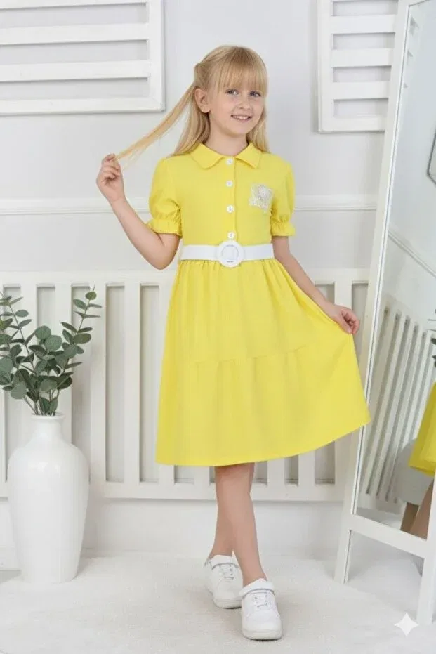 Детское платье для девочек с принтом Belted wrinkled fabric eid children's dress aby226 Abiyekids, Sarı