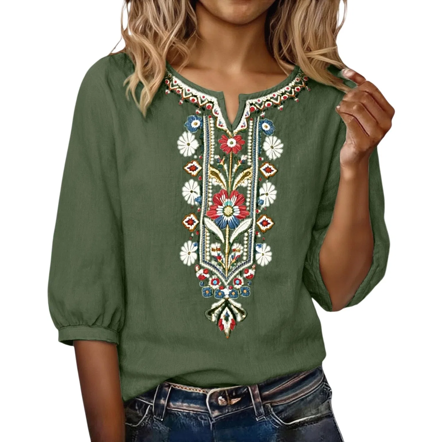 Женская блуза с цветочной вышивкой Ladies Elegant Tops UK 3/4 Sleeve Tops Women UK Cotton Linen Tunic Tops Women Floral Embroidery Boho Blouses Summer Elegant Casual Elegant Flowy Blouse T-Shirts Retro Holiday T-Shirts, Dark Green