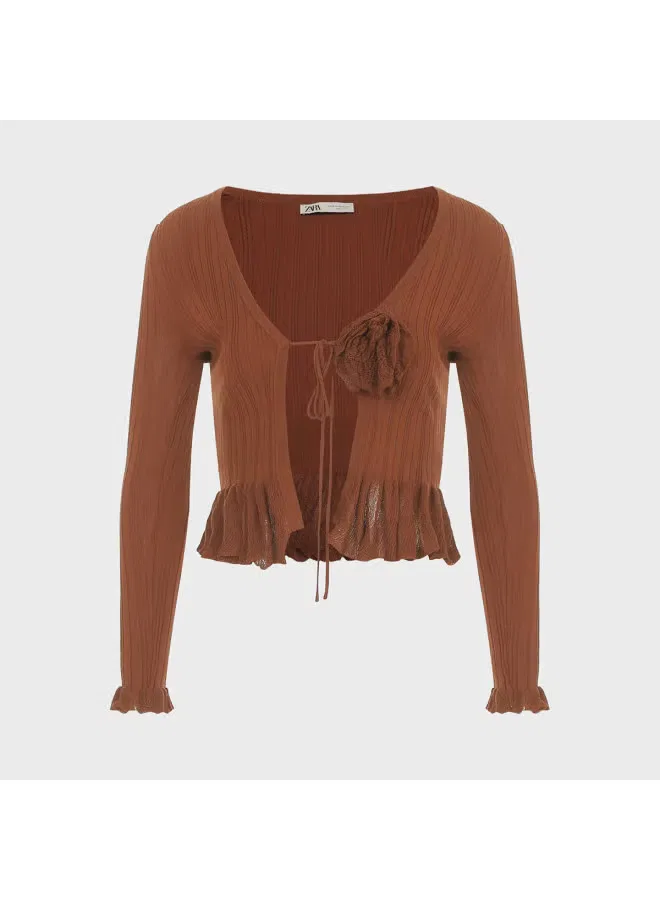 Кардиган вязаный с длинным рукавом и поясом Zara, темно-коричневый — фото 2