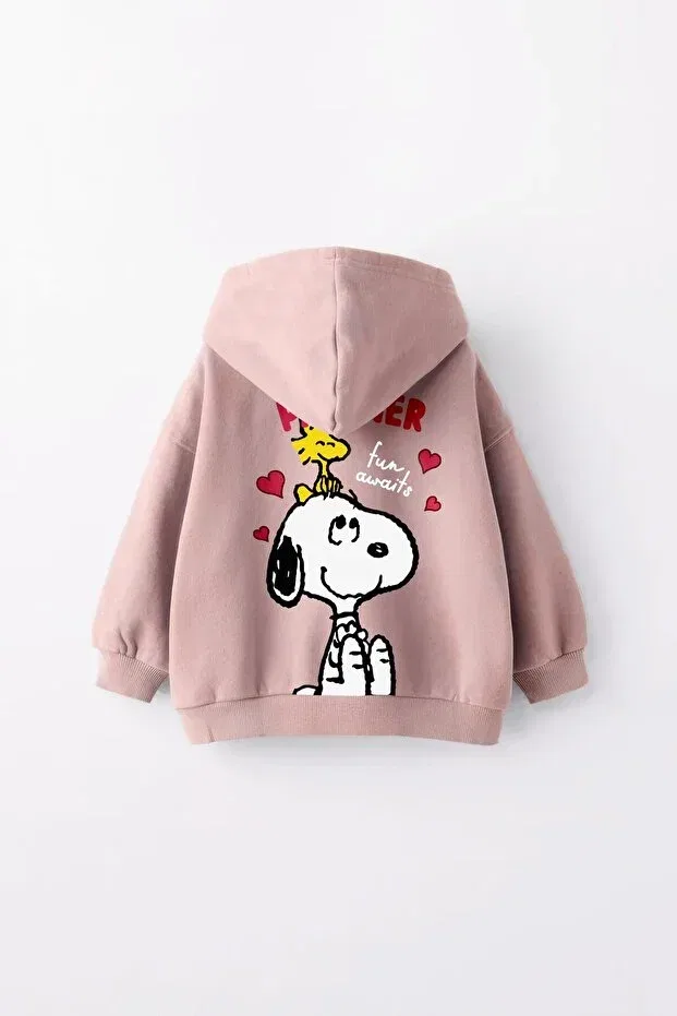Детское худи для девочек с принтом Snoopy Printed Hooded Minik'O Kids, Powder — фото 2