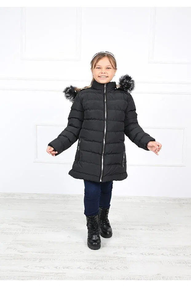 Детское зимнее пальто для девочек с искусственным мехом Generic Brands, Black — фото 3