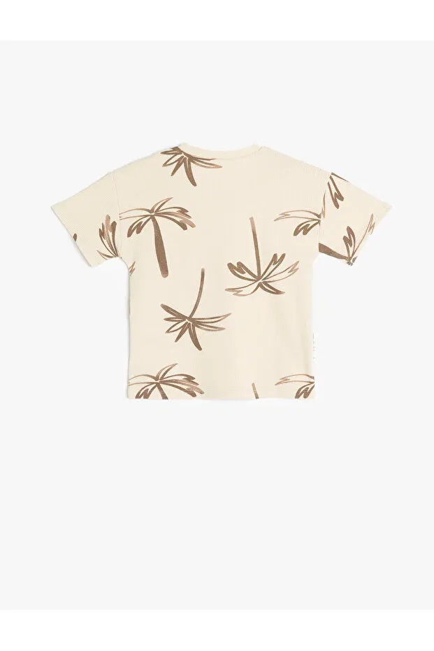 Детская футболка с принтом Palm Print Short Sleeve Crew Neck Cotton Koton, Ecru Patterned — фото 2