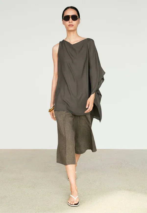 Топ с асимметричным кроем, свободный крой, Asymmetric flowing cape top, Massimo Dutti, mottled brown, коричневый
