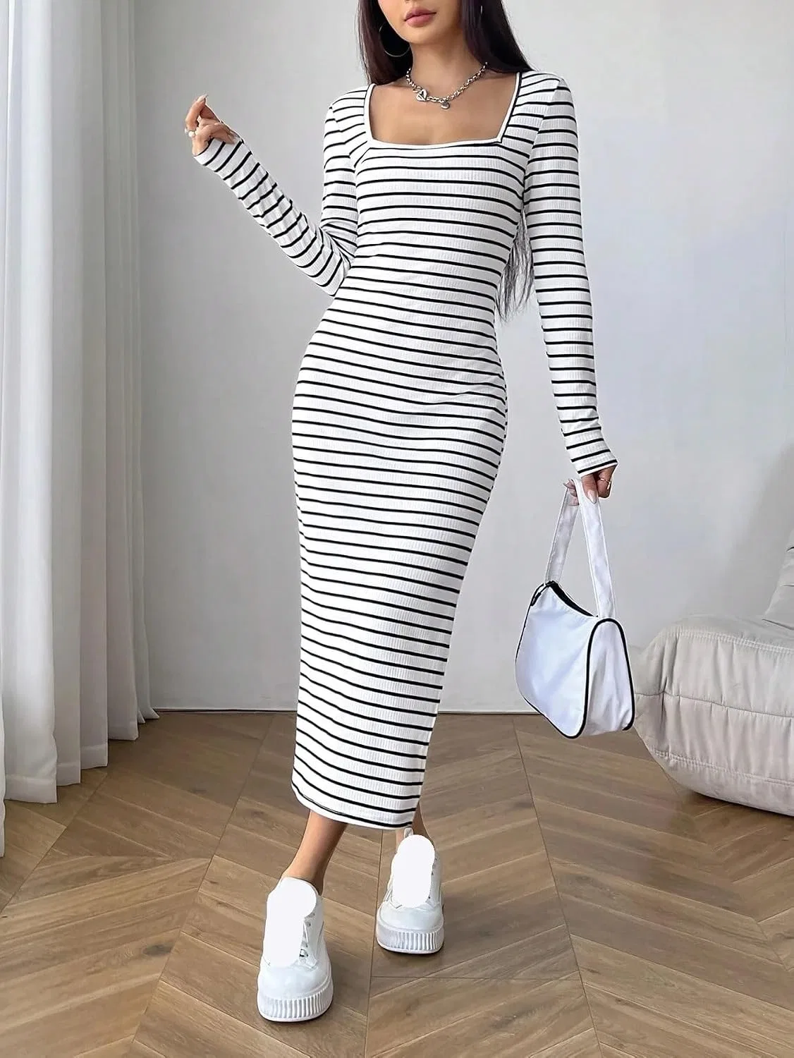 Женское платье миди с квадратным вырезом в полоску Bodycon, Black and White — фото 4