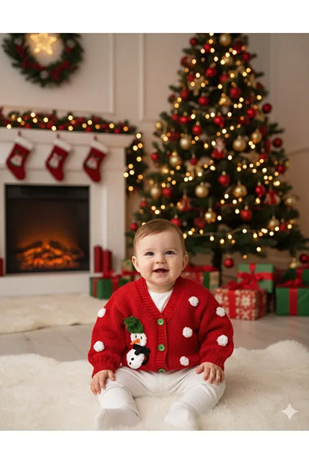 Детский кардиган ручной вязки New Year's Eve Glam El Örgüsü Cici Bebe, Red