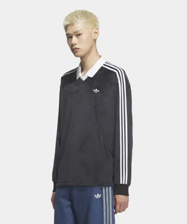 Футболка-поло с длинным рукавом велюровая Adidas, черный — фото 3