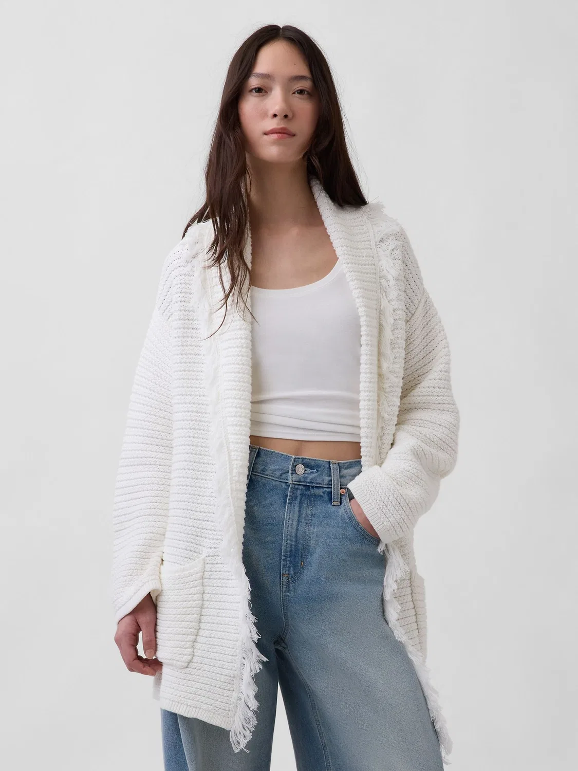 Кардиган оверсайз с бахромой Gap, белый