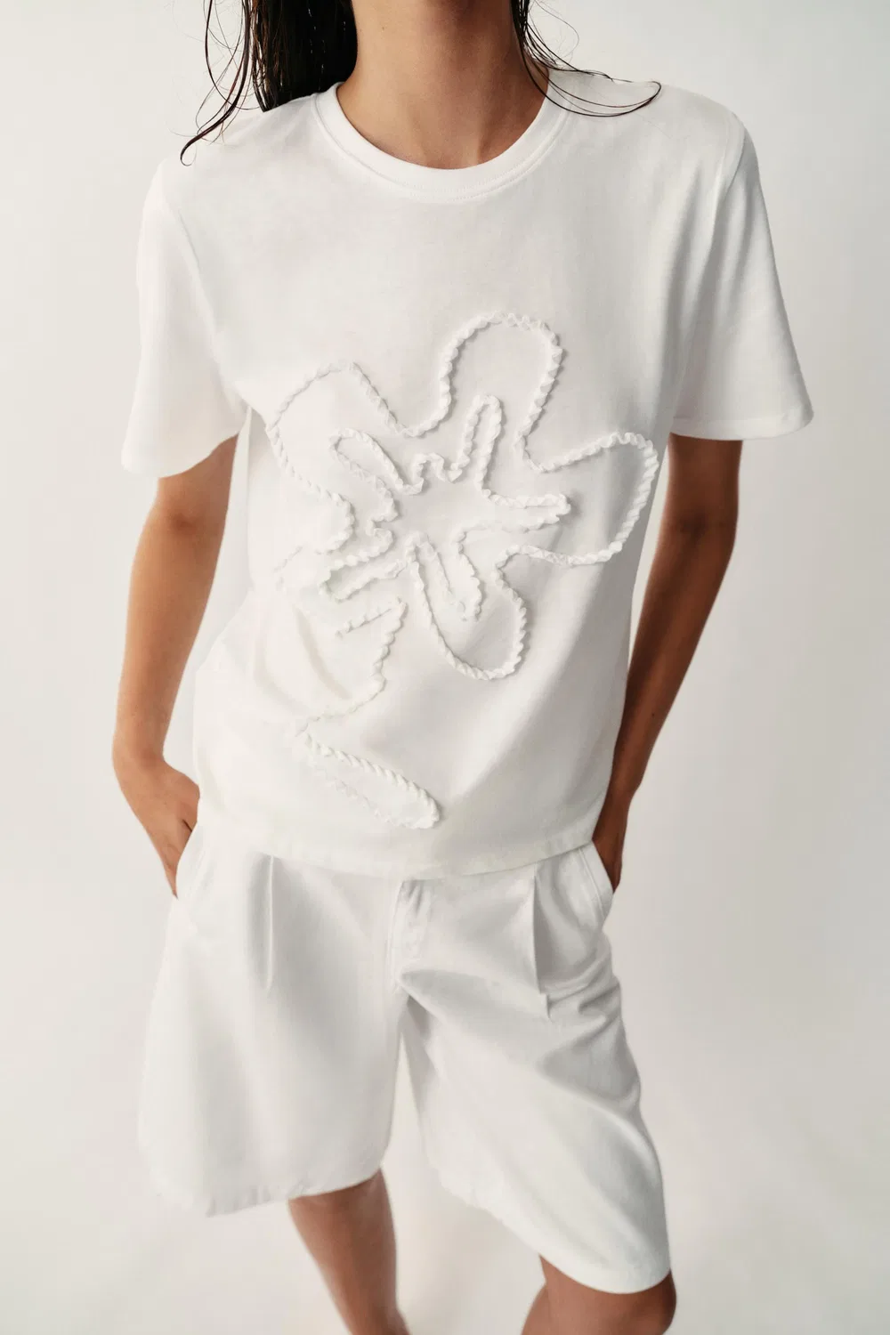 Футболка с цветочным рельефом ZARA, White — фото 3