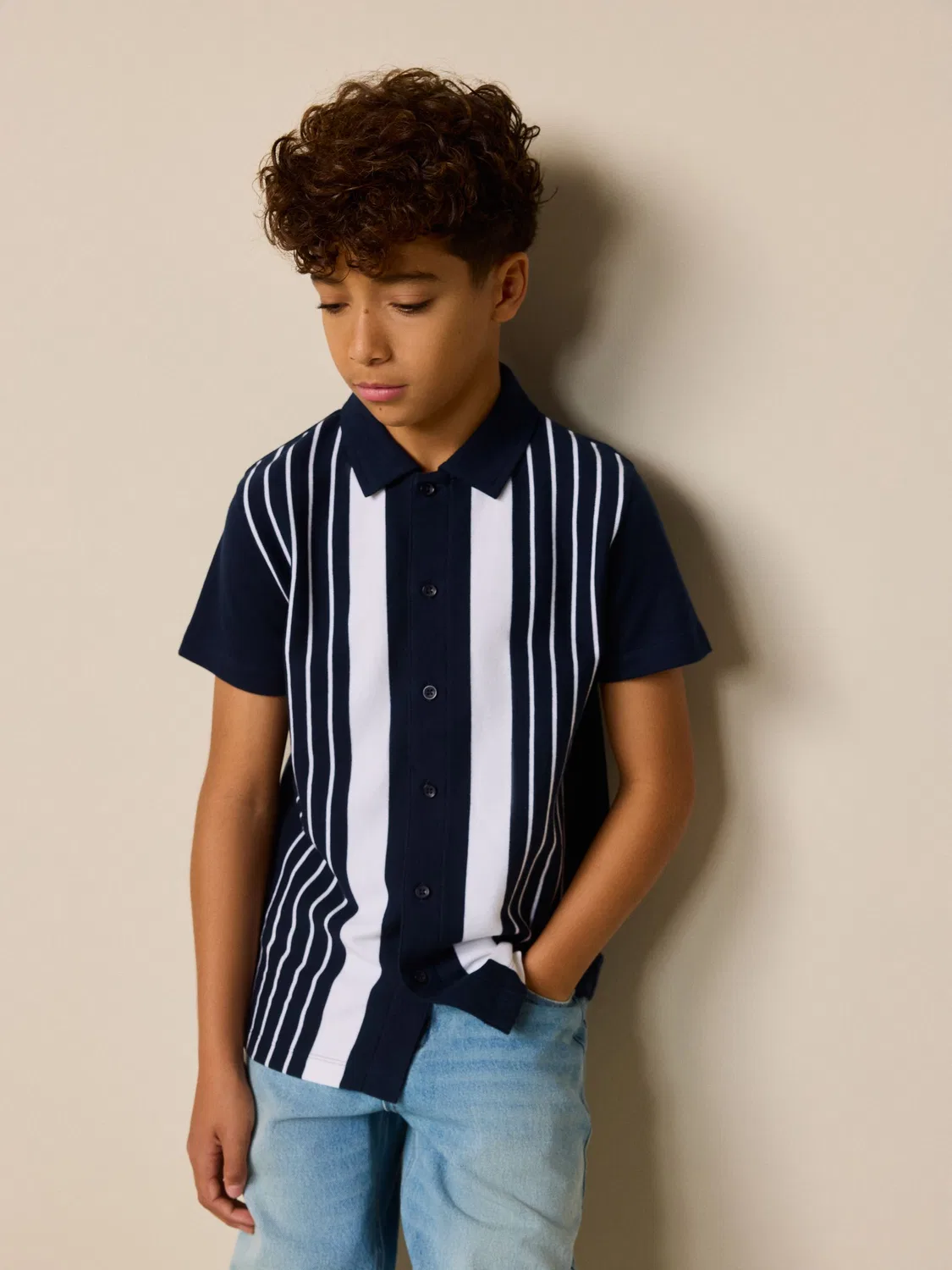 Рубашка с принтом блоков цвета, модель Button Through Short Sleeve Jersey Shirt Next, темно-синий/белый