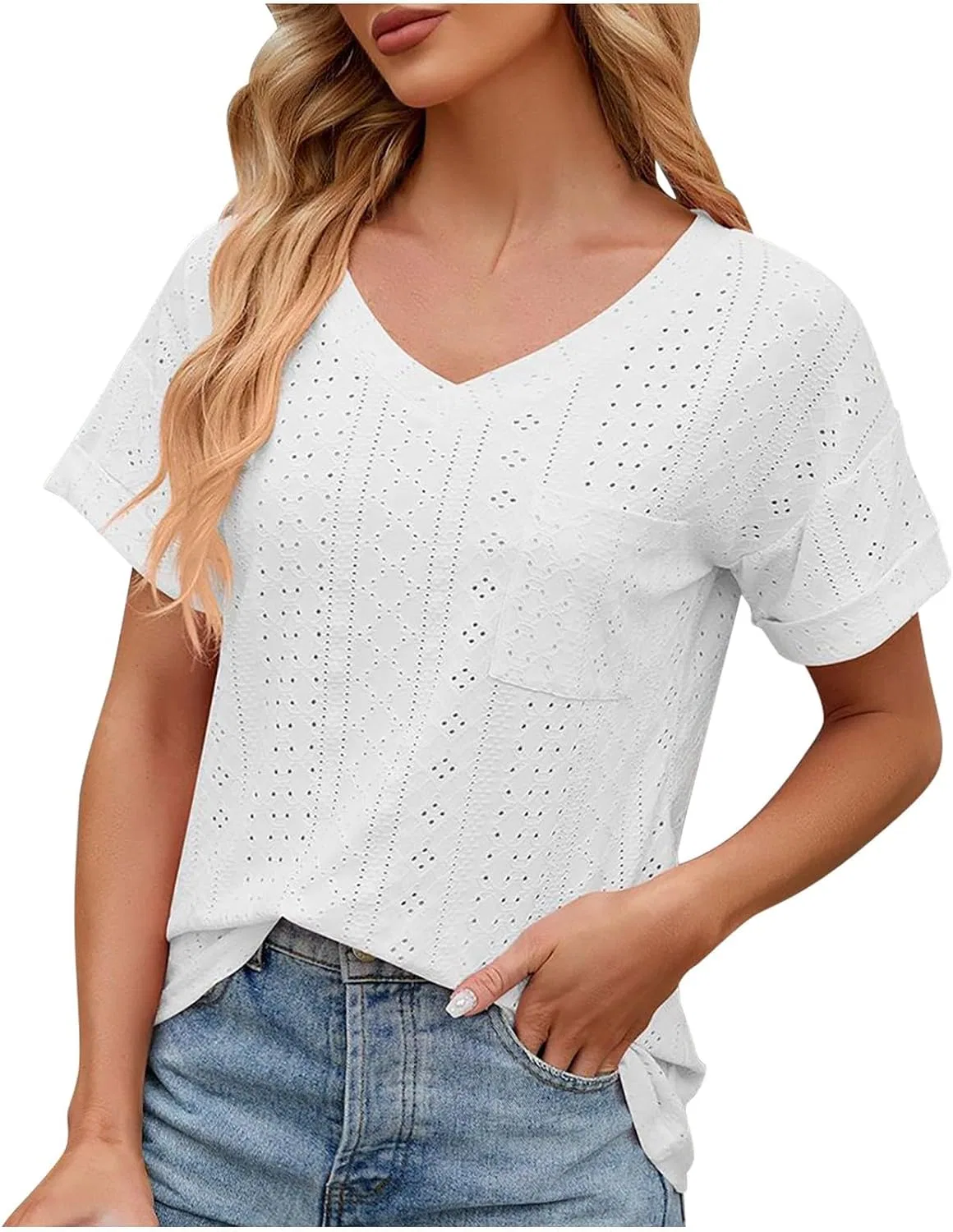 Женская футболка с вышивкой и V-образным вырезом, White — фото 2