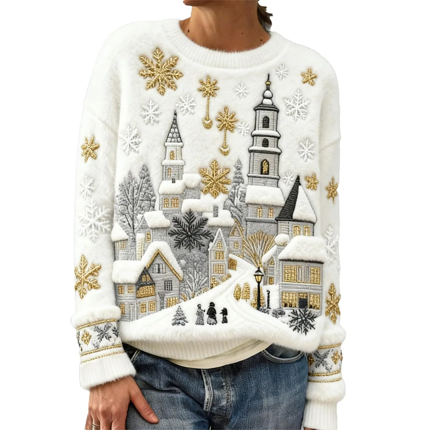 Женский свитшот с принтом Christmas Sweater, Zb-white