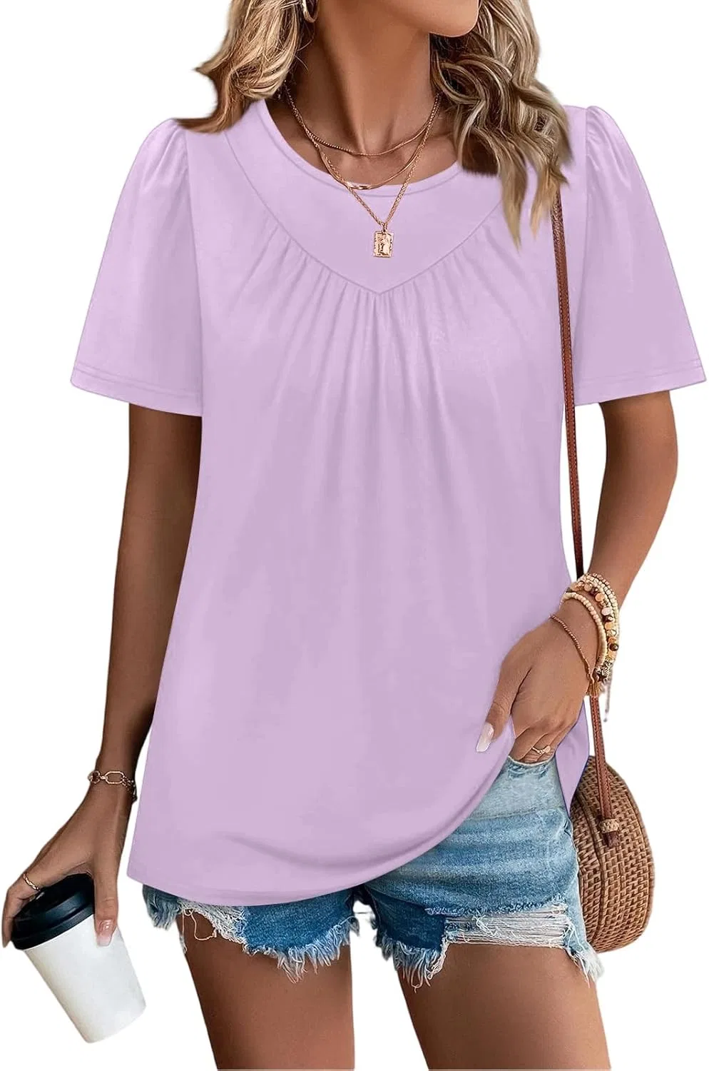 Женская повседневная футболка с плиссированным воротом, Light Purple
