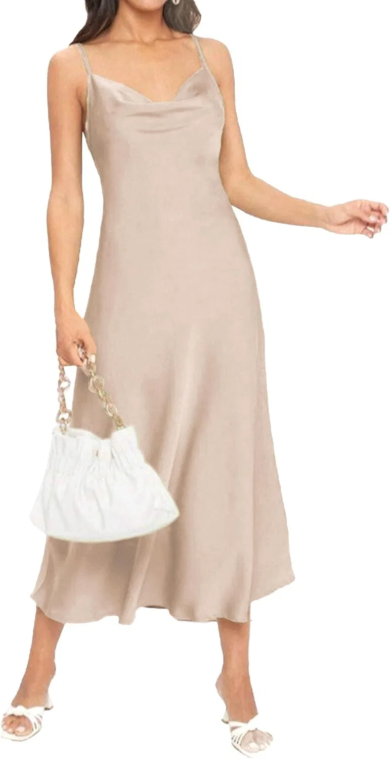 Женское сатиновое платье с глубоким декольте slim, Beige
