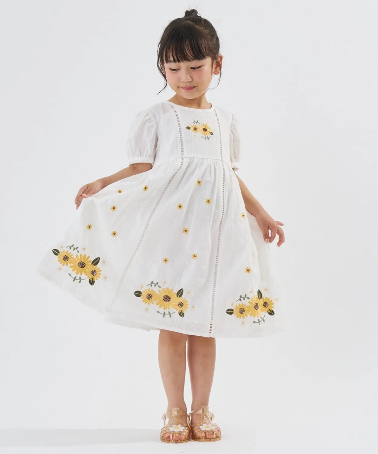 Детское платье с вышивкой подсолнуха с коротким рукавом Lycee mine, Off White