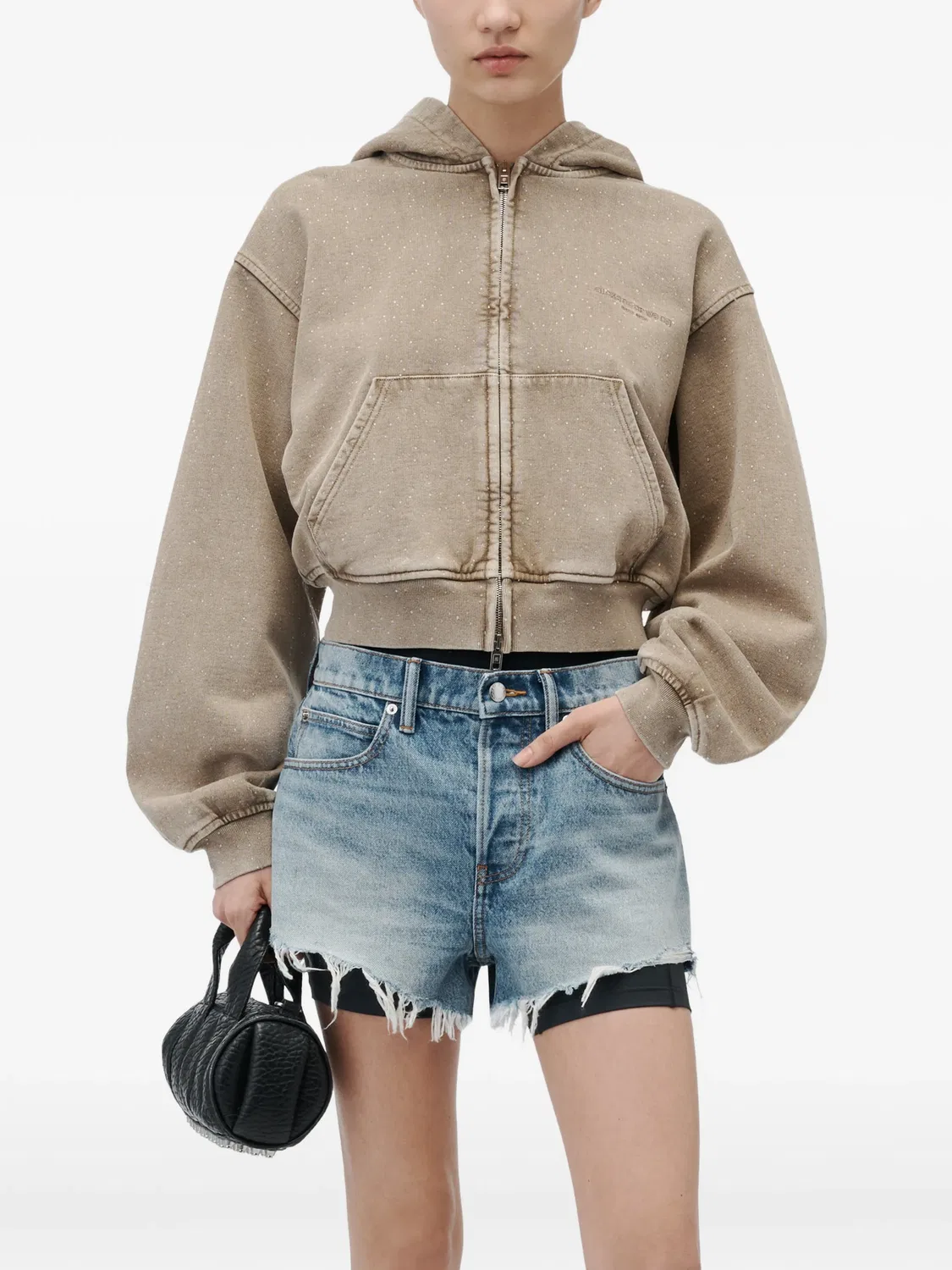 Худи на молнии со сплошным декором из страз Alexander Wang, нейтральные цвета — фото 4