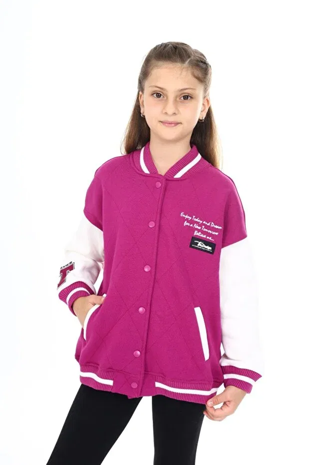 Детский кардиган для девочек с принтом, вышивкой College Collar Snap Closure Pocket Low Shoulder Embroidery Printed Color Block Knitted Toontoy, Plum — фото 3