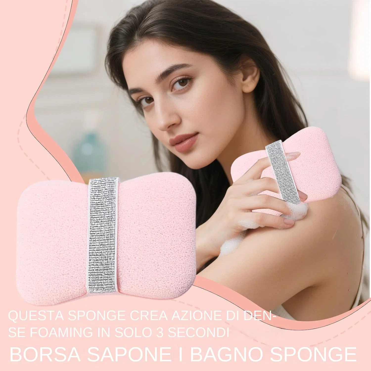 Мочалка для душа с кармашком для мыла, Generisch, 12x8.5x2 см, Soft And Thin -Pink — фото 2