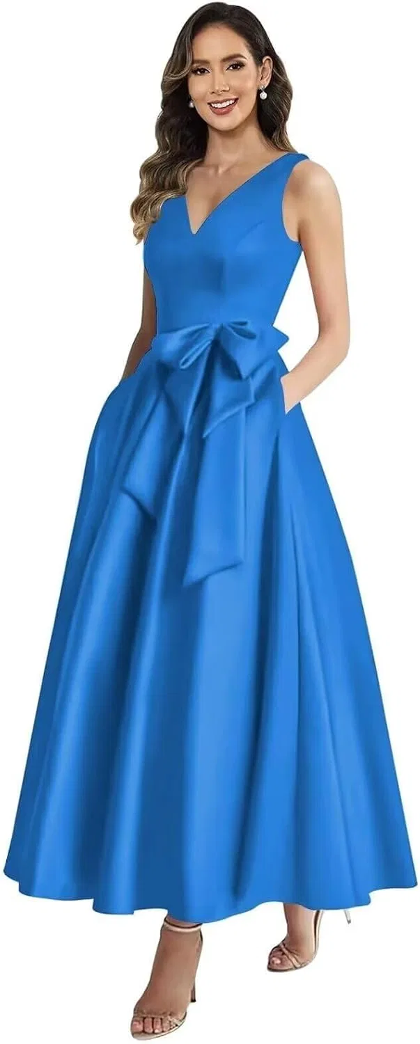 Женское вечернее платье с бантом A-line Satin, Blue