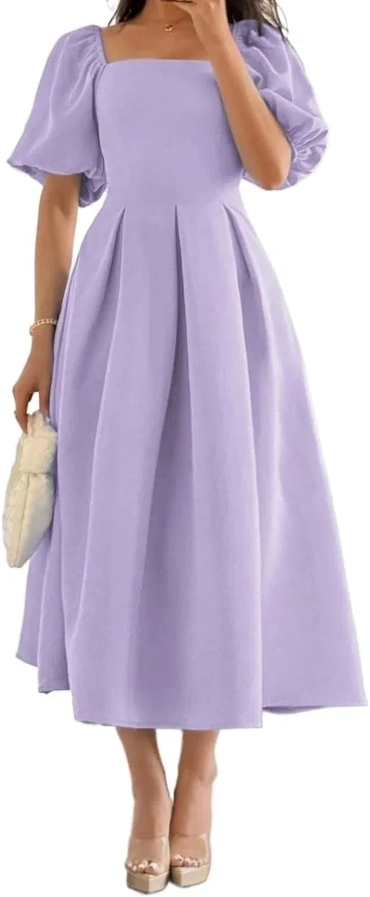 Женское A-силуэта платье миди с квадратным вырезом, Mauve Purple
