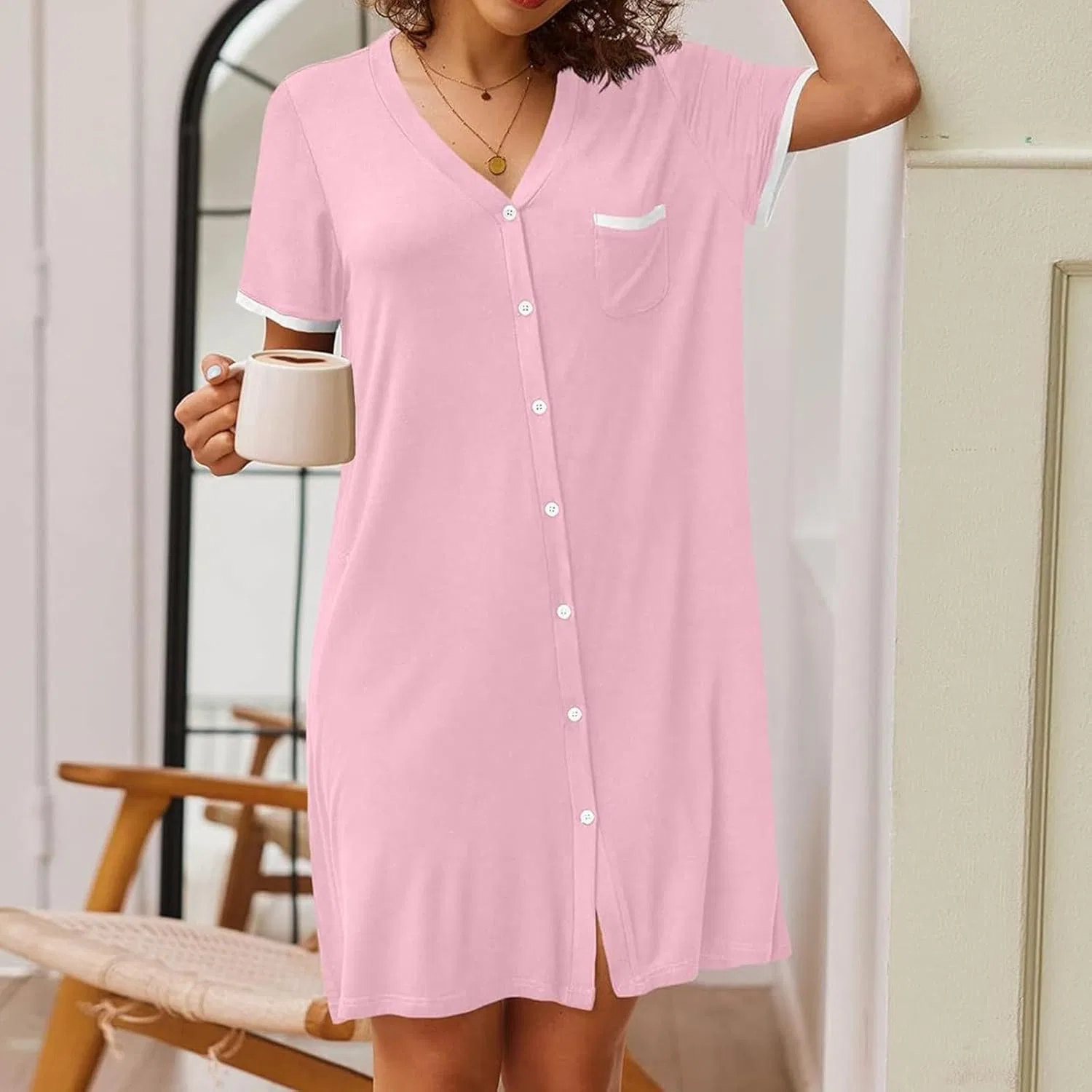 Женская ночная рубашка на пуговицах с коротким рукавом, Pink — фото 2