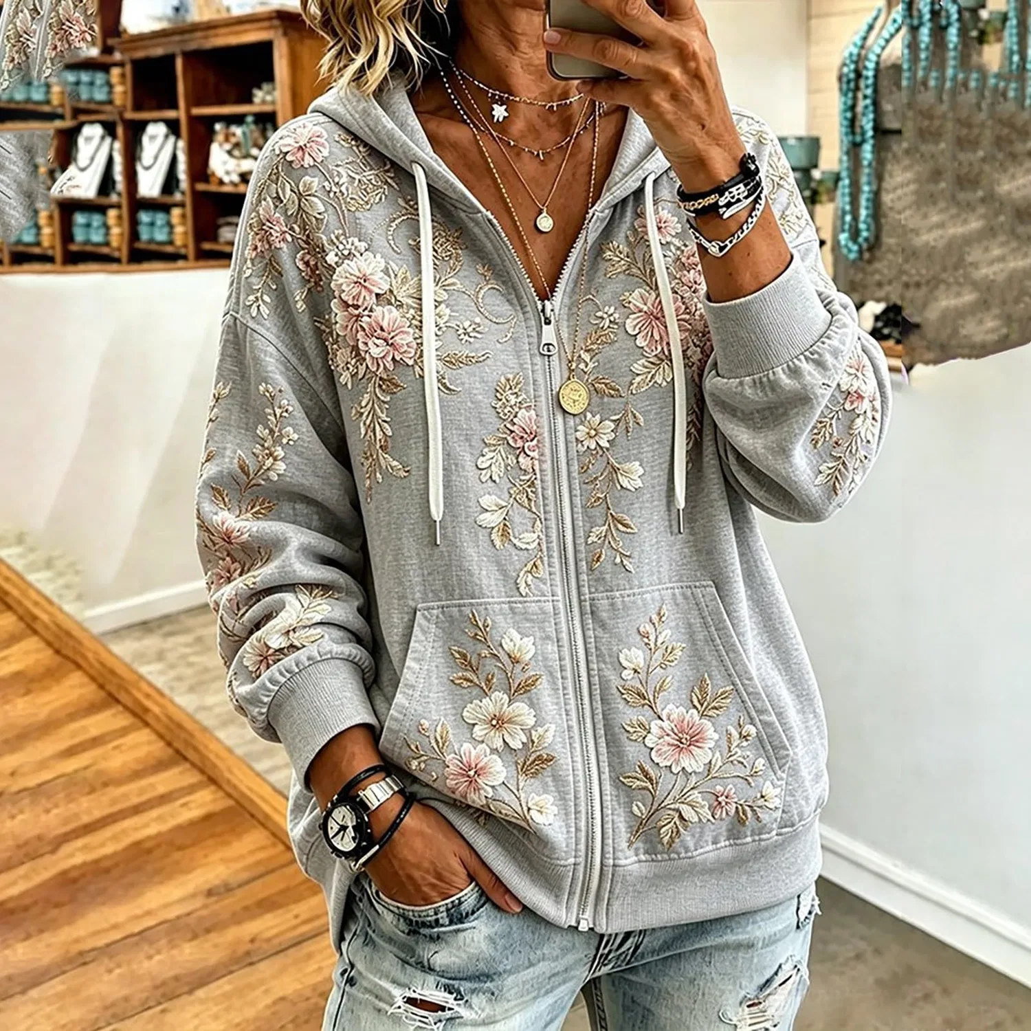 Женская худи с капюшоном и принтом, с длинным рукавом, Cenere Chiaro — фото 2