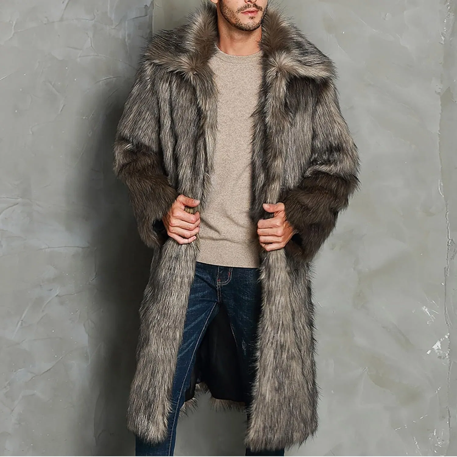 Мужское пальто из искусственного меха, с длинным рукавом, Fleece Jacket, #B08-grey — фото 2
