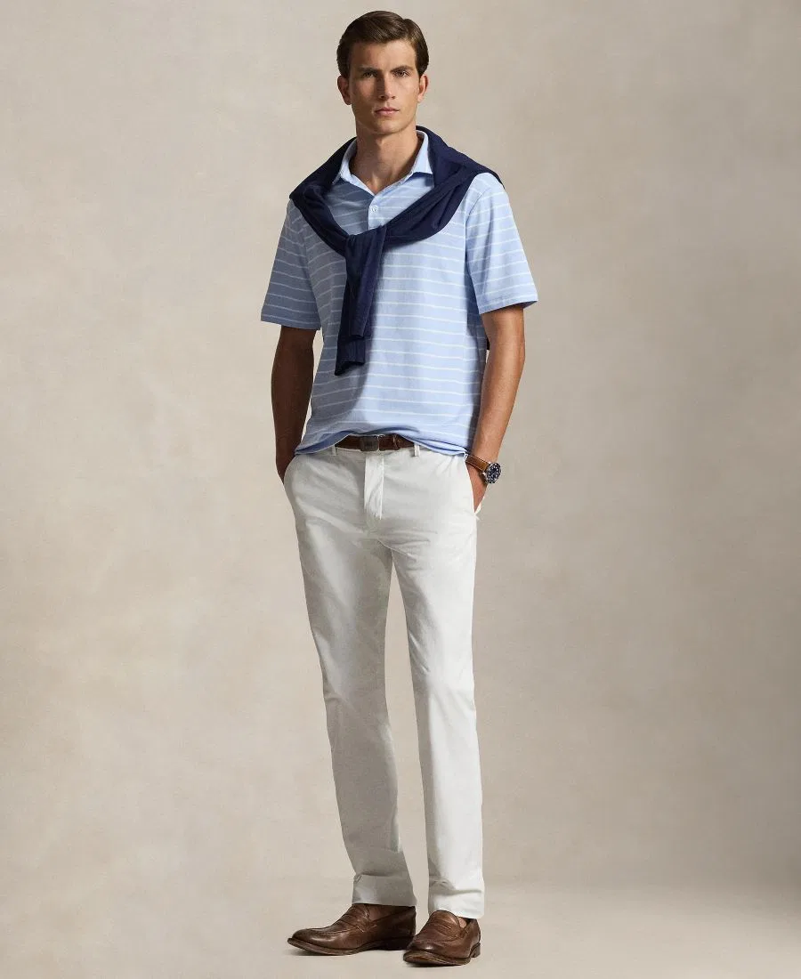 Мужское поло с коротким рукавом из хлопка Classic Striped Soft Cotton Polo Ralph Lauren, Pebble Blue/White — фото 2