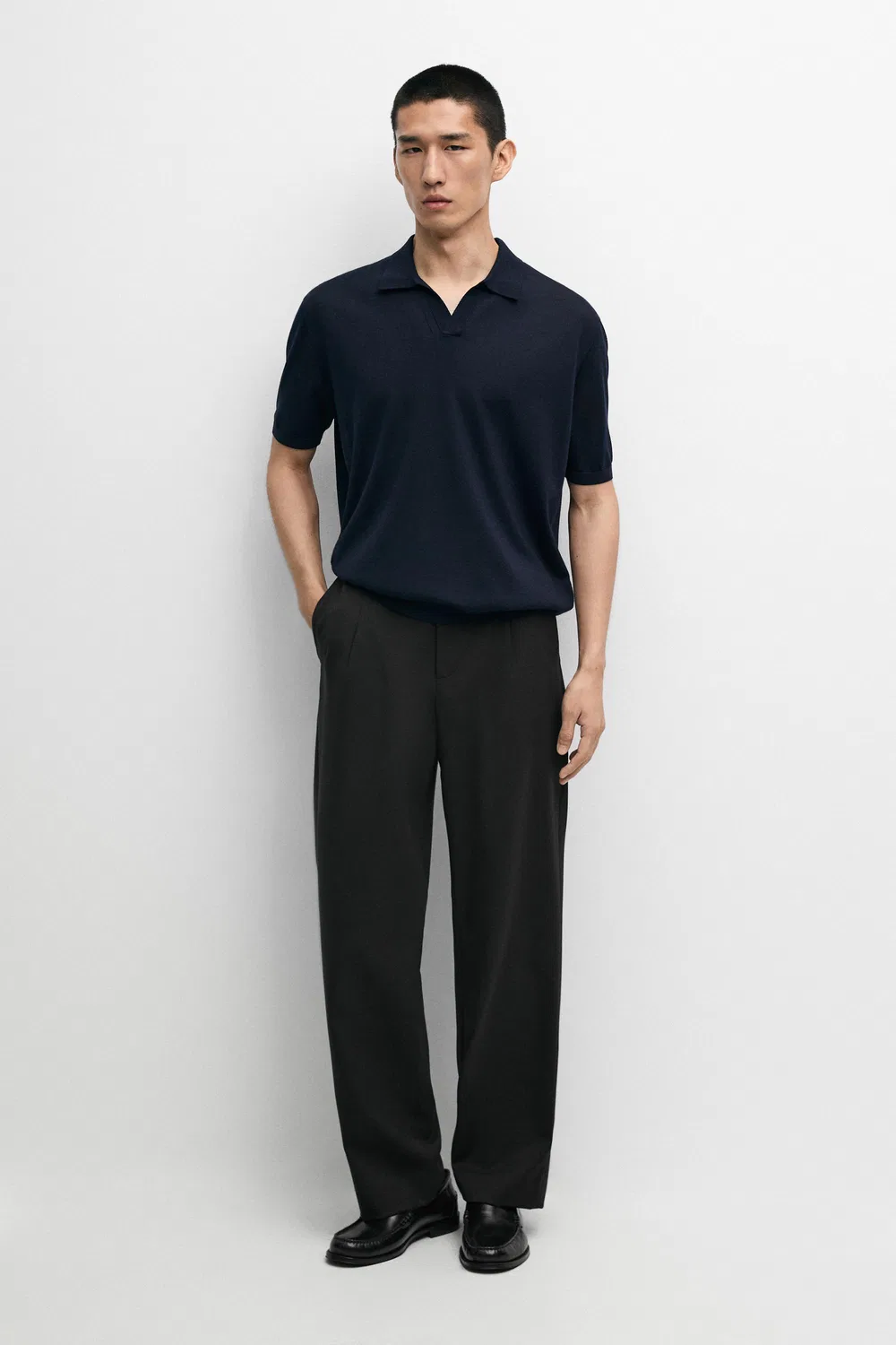 Рубашка-поло Massimo Dutti Short Sleeve Wool Blend Knit, темно-синий — фото 3