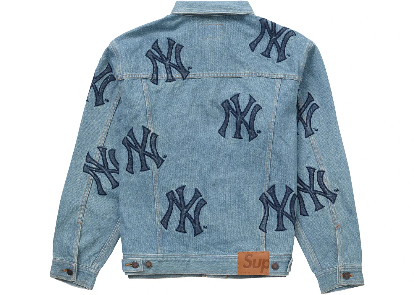 Мужская джинсовая куртка-тракер с принтом Supreme x New York Yankees, Washed Blue — фото 2