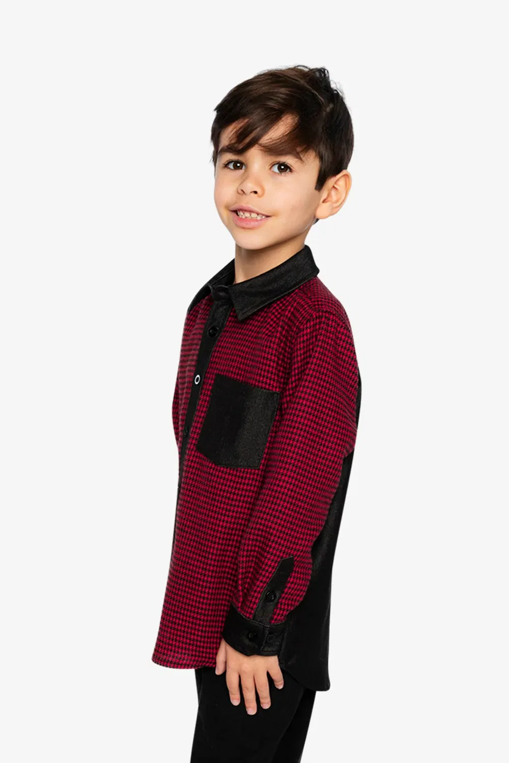 Детская рубашка для мальчиков с длинным рукавом Button Down Shirt Deux par Deux, Black and Red Houndstooth — фото 3
