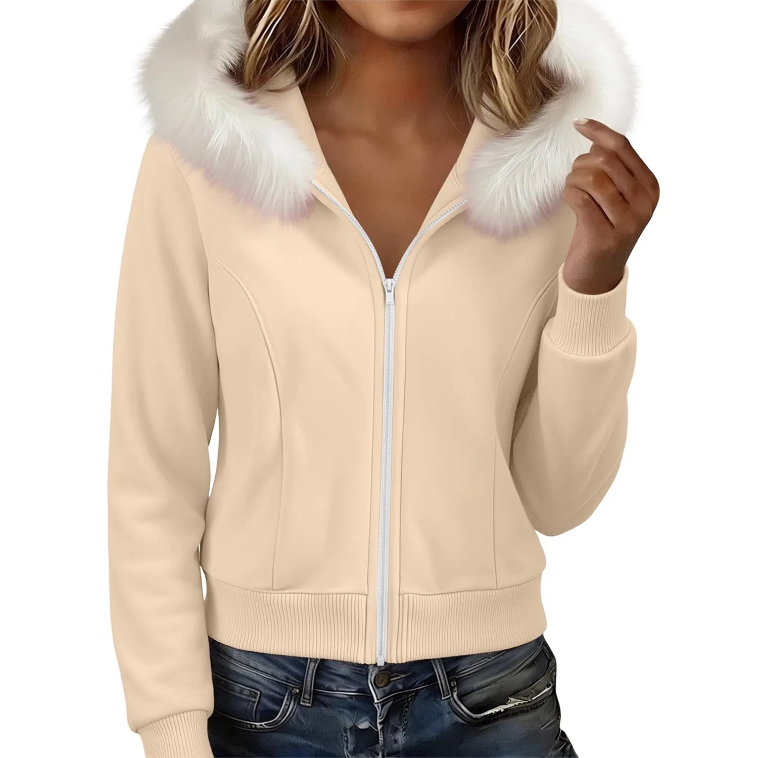 Женское пальто с капюшоном из искусственного меха с длинным рукавом, Beige 1