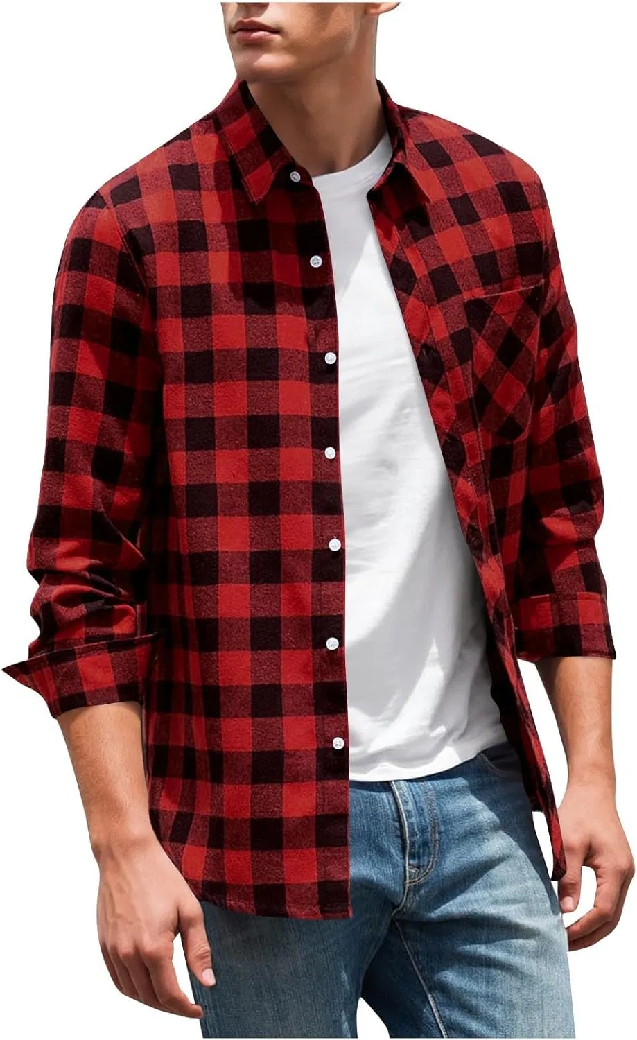 Мужская фланелевая рубашка с клеткой Long Sleeve Shirts for Men, Red