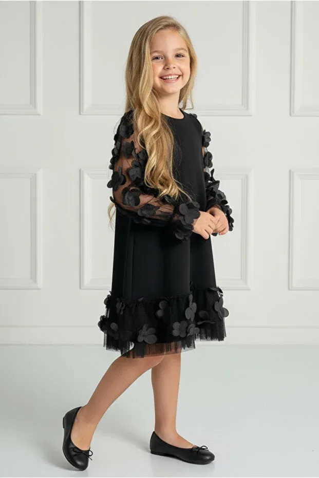 Детское платье для девочек с длинным рукавом Three-Dimensional tulle detailed seasonal children's dress 08196 By Piera, Black — фото 2