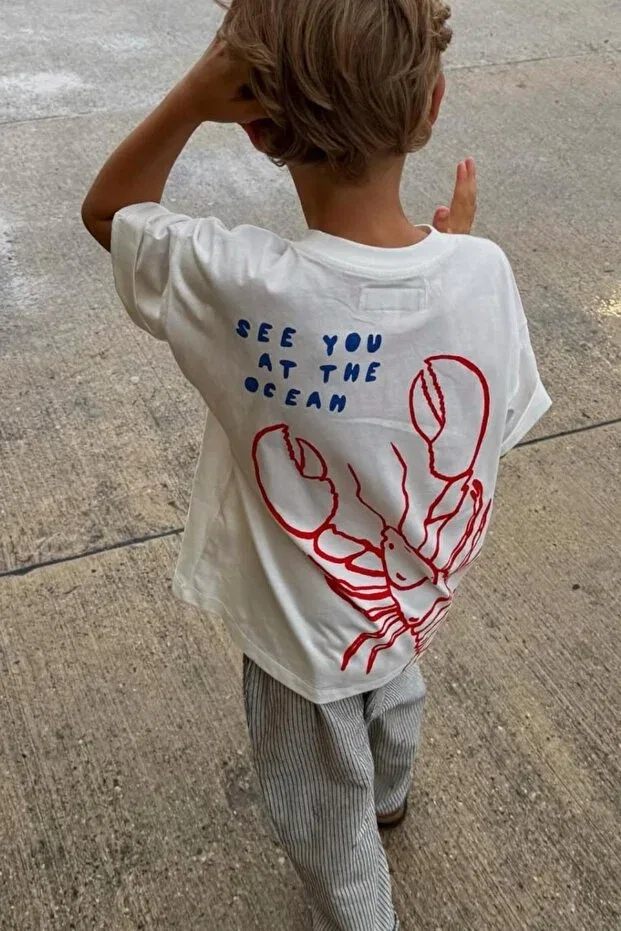 Детская хлопковое футболка с принтом Unisex kids cotton fabric lobster printed t-shirt Monila, Ecru